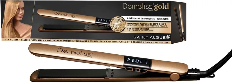 Demeliss ▫️ SAINT ALGUE Alisador GOLD - Alisamento desde a raiz, placas finas de cerâmica e turmalina, temperatura de 150 a 230 °C, para cabelos lisos a ondulados, design ergonómico e profissional.