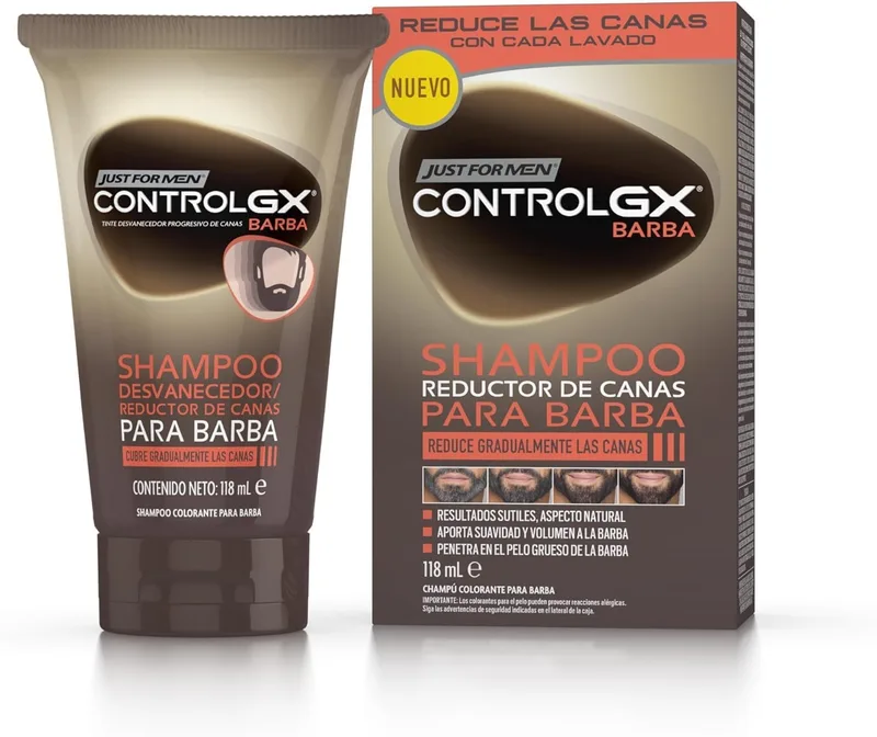 Just for men ▫️ Control GX Champô para Barba, Reduz gradualmente os cabelos brancos a cada lavagem, para um resultado subtil e natural, para todos os tons, 118 ml