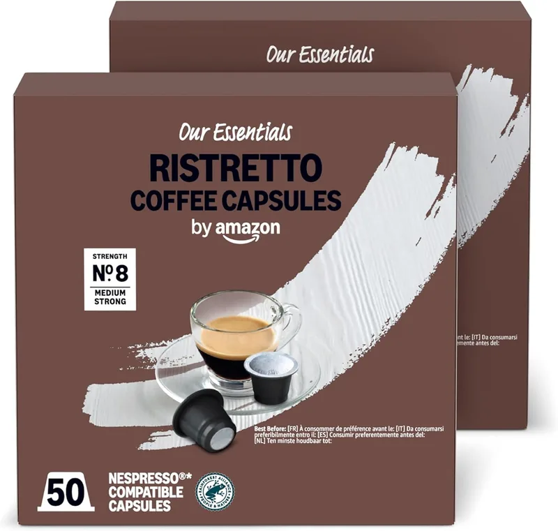 by Amazon ▫️ da Amazon: Cápsulas de café Ristretto em plástico compatíveis com Nespresso, torra média, 100 unidades (2 embalagens de 50), certificadas pela Rainforest Alliance