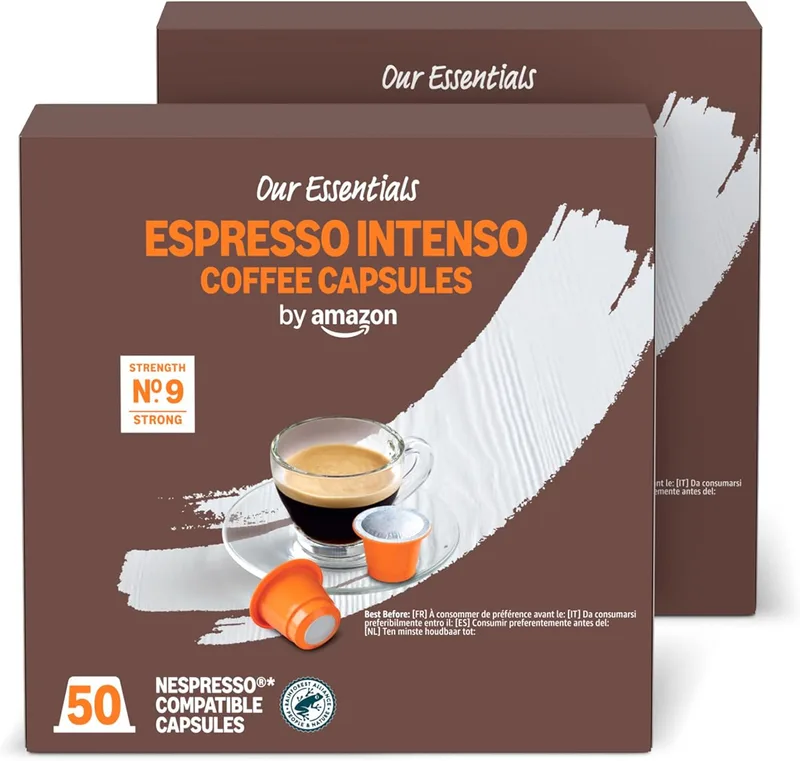 by Amazon ▫️ Espresso Intense Cápsulas de café compatíveis com Nespresso, torrefação escura, 50 unidades, embalagem de 2 - Rainforest Alliance Certified