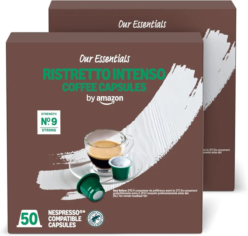 by Amazon ▫️ da Amazon: Cápsulas de café Ristretto Intenso em plástico, compatíveis com Nespresso, torra escura, 100 unidades (2 embalagens de 50), certificadas pela Rainforest Alliance