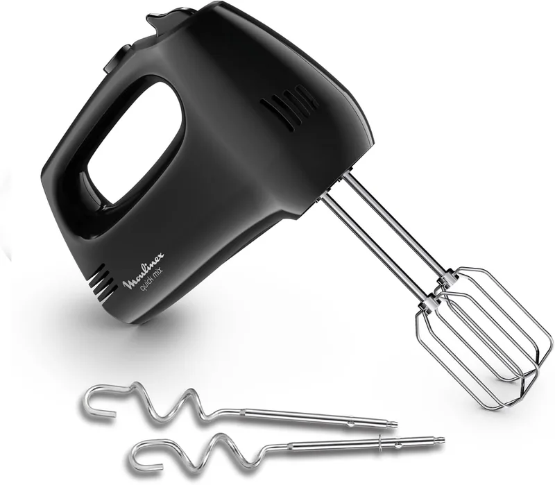 Moulinex ▫️ Quickmix, batedeira manual 300W, 5 velocidades, 2 acessórios de aço inoxidável para amassar ou bater, pão, pizza caseira, pastelaria, claras de ovo, preto, HM3108