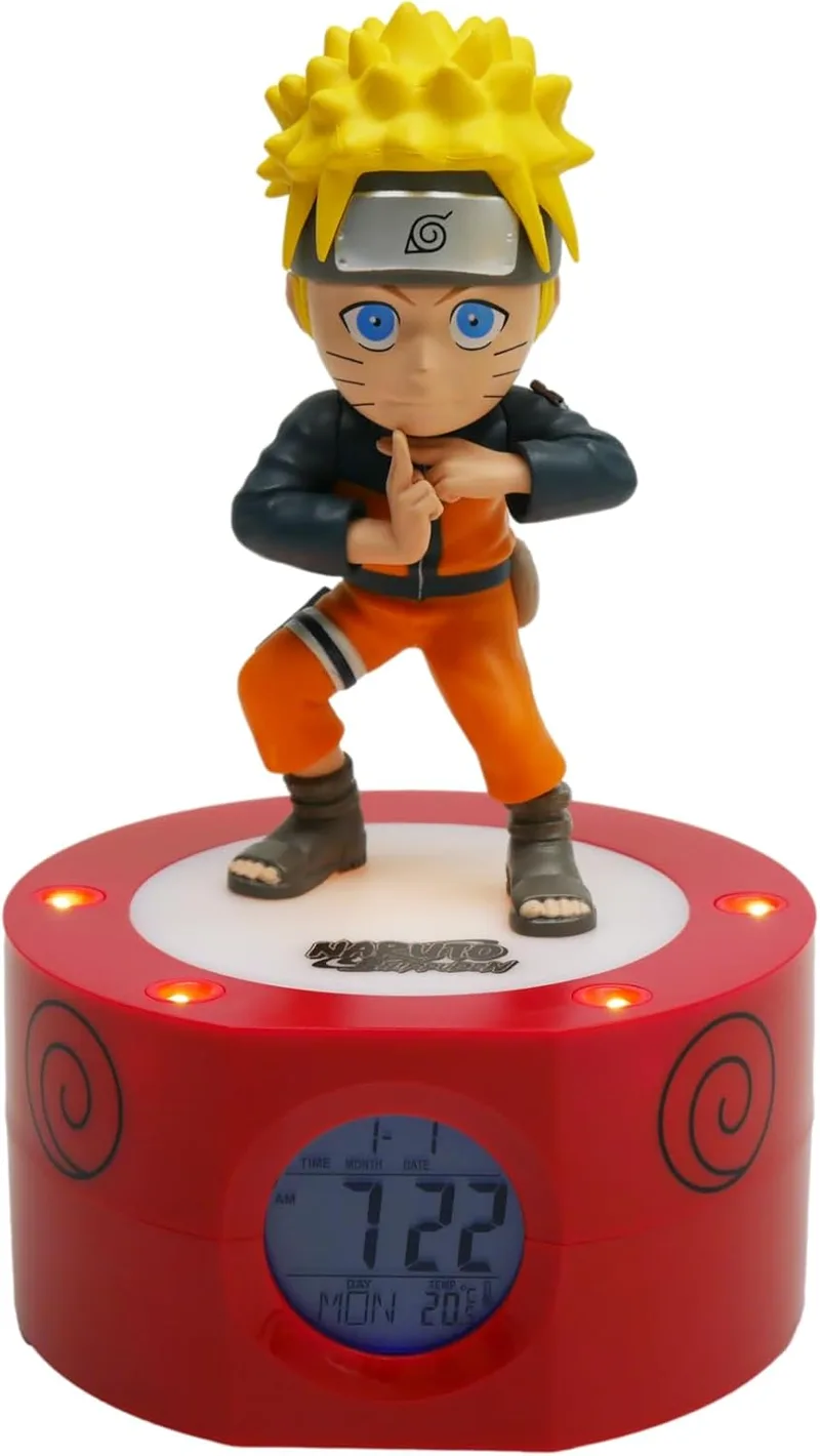 TEKNOFUN ▫️ Licença Naruto Shippuden - Despertador digital Naruto - Ecrã 12/24h, data, temperatura - Preto, laranja, amarelo - Funciona com 3 pilhas AAA ou na tomada - Cabo USB (incluído) - 811607