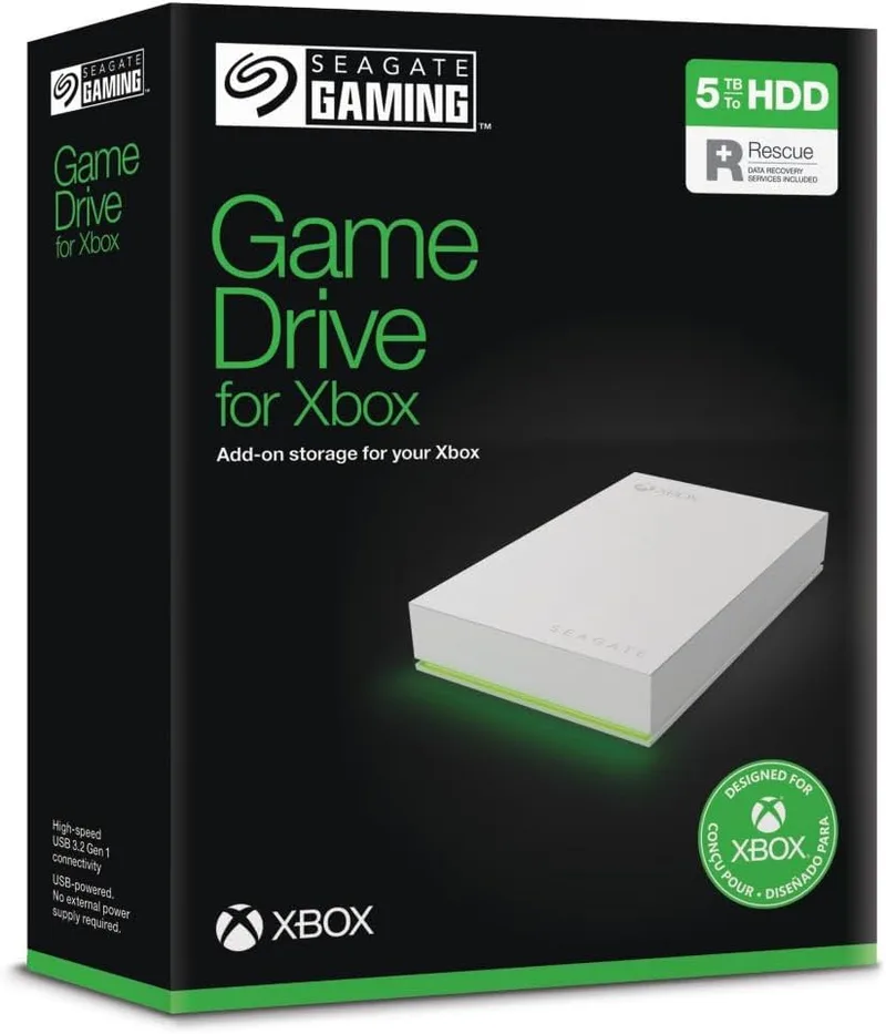 Seagate ▫️ Game Drive para Xbox de 5 TB, unidade de disco rígido (HDD) externa portátil, USB 3.2 Gen 1, preta, certificação Xbox, LED RGB, Serviços de Recuperação (STKX5000100)