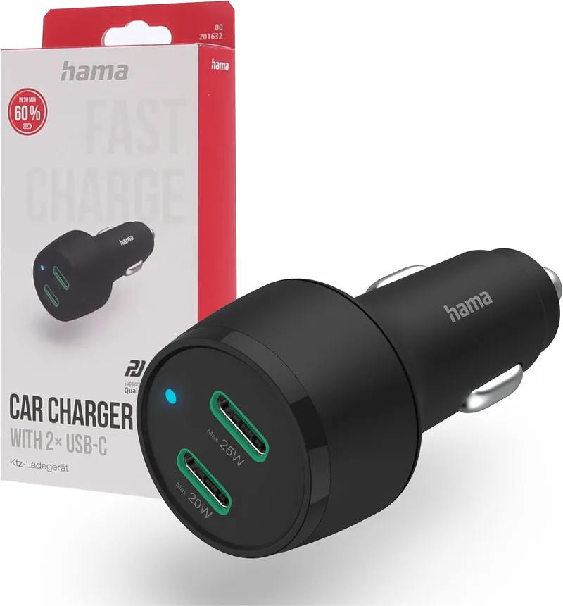 Hama ▫️ Carregador USB-C duplo para automóvel com carregamento rápido
