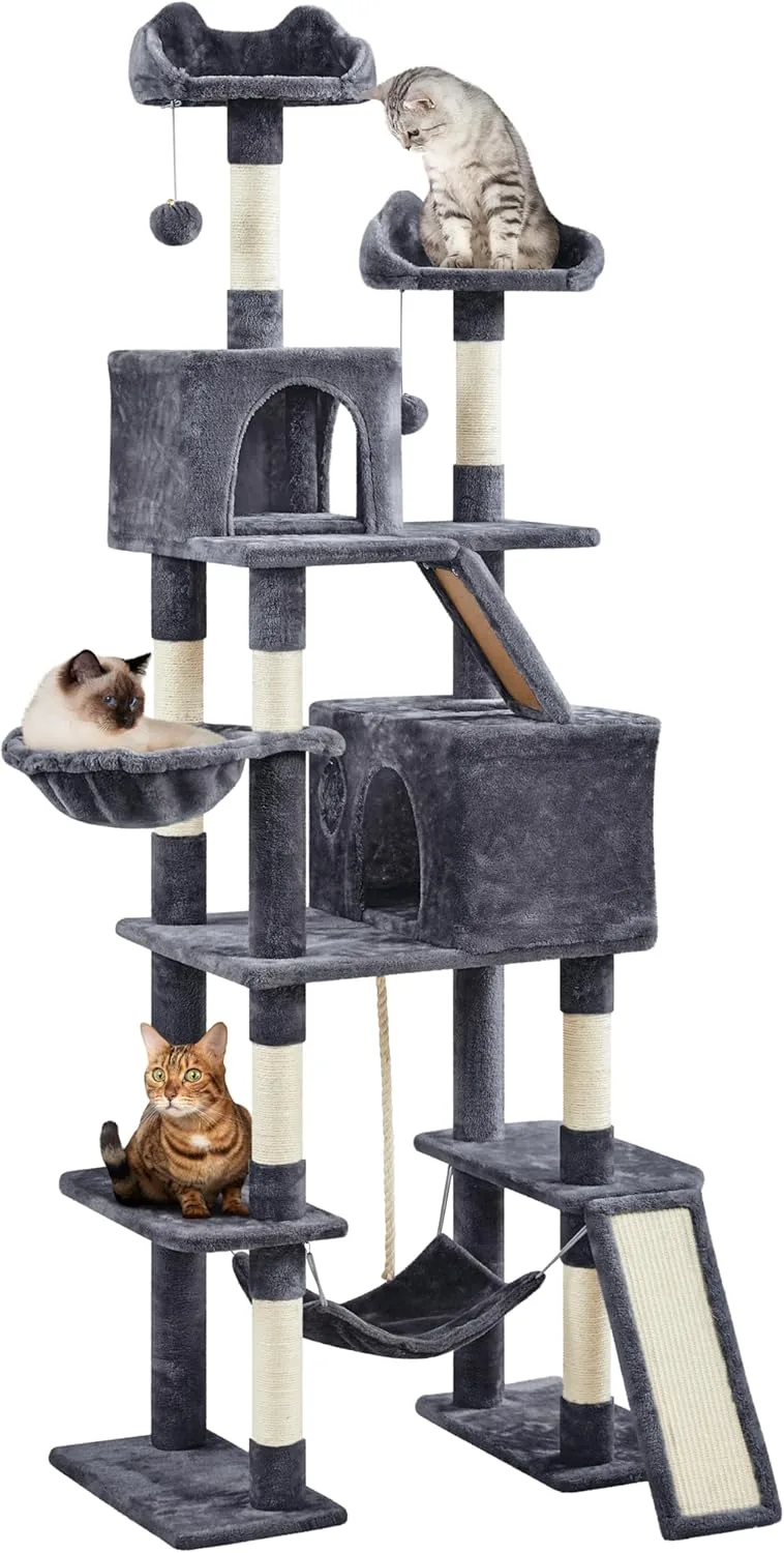 Yaheetech ▫️ Árvore para gatos gigante, altura 209 cm, multinível, com postes de sisal, árvore para gatos em madeira, com arranhadores, 2 poleiros, design bonito, 2 nichos grandes, cesto-rede com 2 bolas