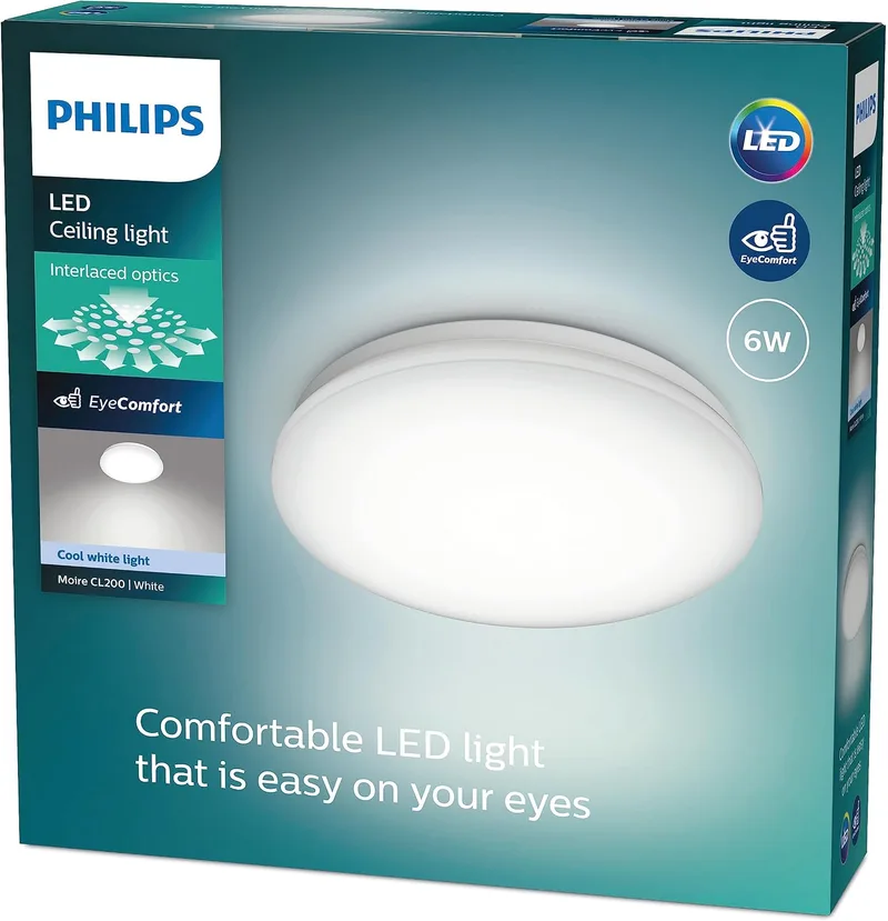 Philips ▫️ Luminária de teto LED Moire, 6 W, 600 lúmenes, luz fria 4000 K, 22 cm de diâmetro