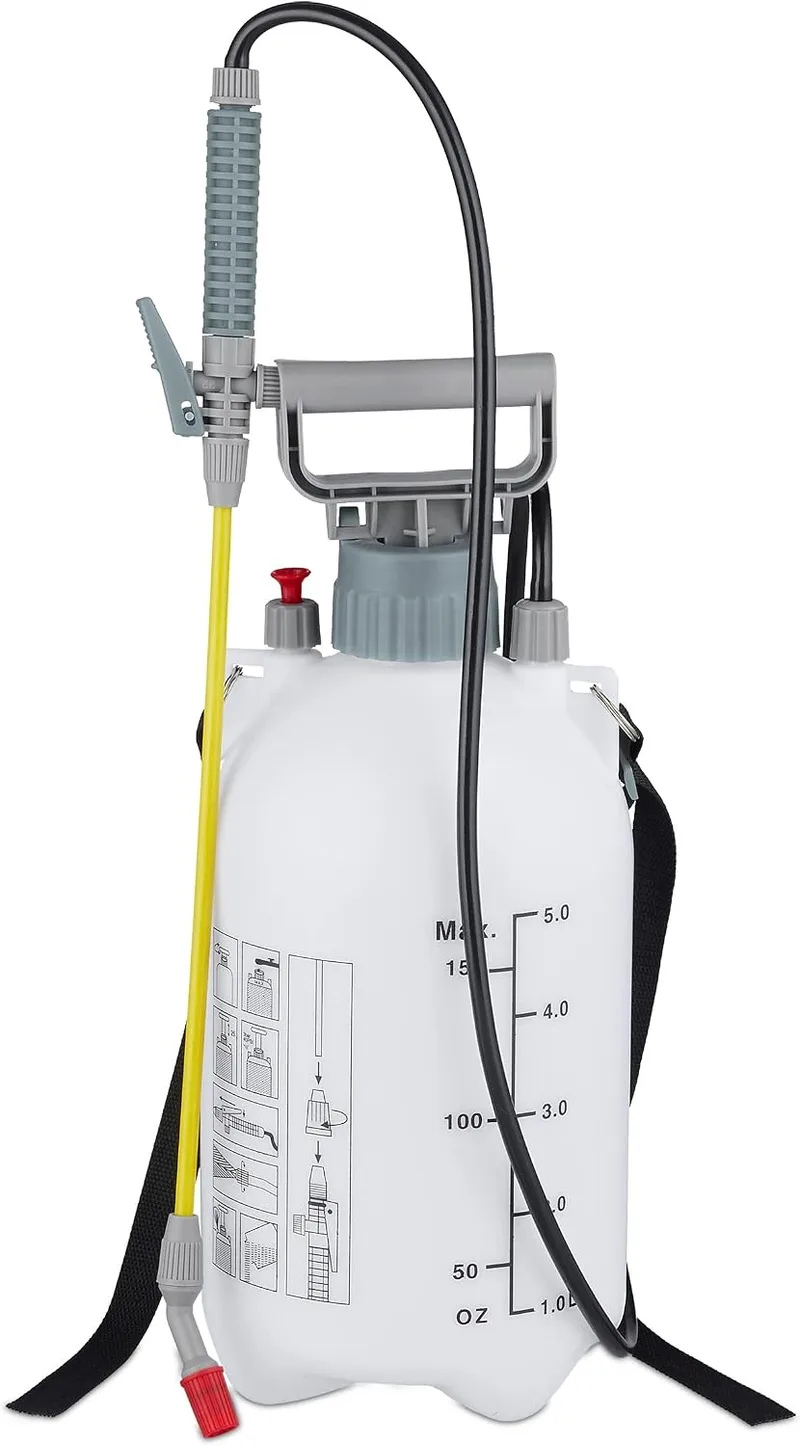 Relaxdays ▫️ Pulverizador de pressão, 5 L, Rega e proteção de plantas, bocal ajustável, escala, pulverizador, branco/cinzento