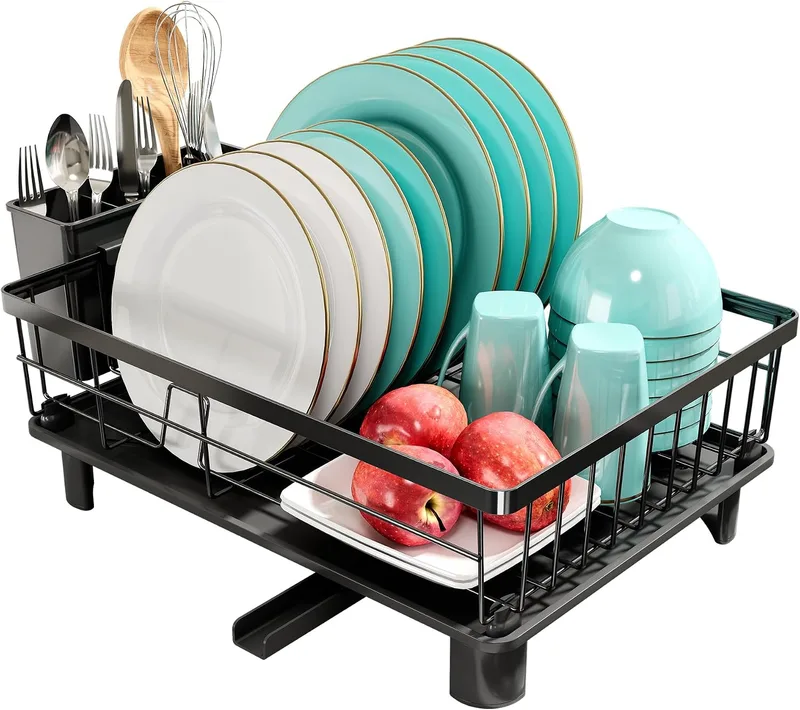 Boosiny ▫️ Escorredor de Pratos de Aço Inoxidável para Cozinha com Drenagem Automática | Pequeno escorredor de pratos com suporte para utensílios e porta-copos, para secar a louça lavada, 1 nível, preto