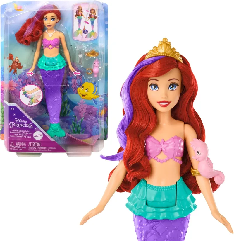 Mattel ▫️ Disney Princess Toys, boneca Ariel sereia nadadora com cauda e cabelo que muda de cor, brinquedo inspirado no filme da Disney, brinquedo +3 anos, HPD43