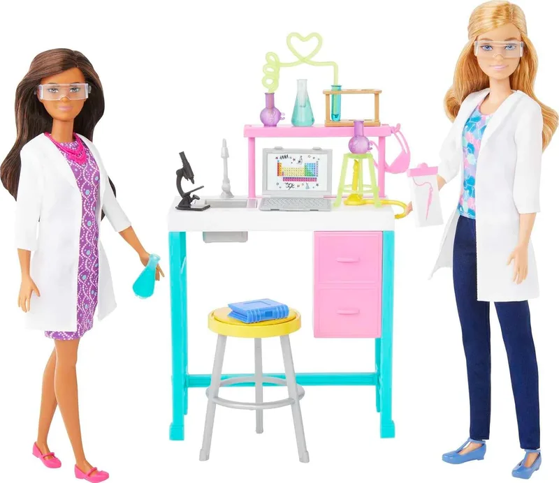Barbie ▫️ Conjunto de laboratório de ciências com 2 bonecas, mesa de laboratório e mais de 10 acessórios, HJY95