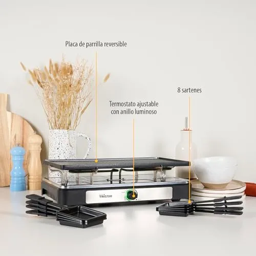 Tristar ▫️ RA-2748 Raclette multifuncional 3 em 1; Raclette, pedra de cozedura, grelhador, chapa/teppanyaki, para 8 pessoas, com 8 frigideiras de raclette incluídas, 1400 W 2