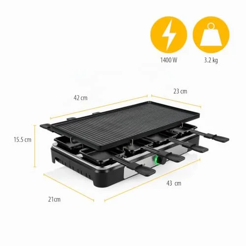 Tristar ▫️ RA-2748 Raclette multifuncional 3 em 1; Raclette, pedra de cozedura, grelhador, chapa/teppanyaki, para 8 pessoas, com 8 frigideiras de raclette incluídas, 1400 W 7