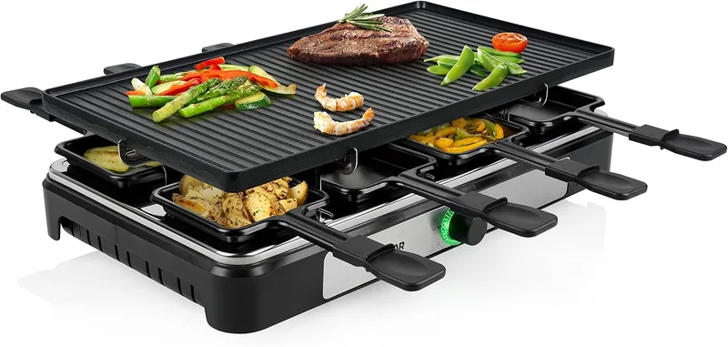 Tristar ▫️ RA-2748 Raclette multifuncional 3 em 1; Raclette, pedra de cozedura, grelhador, chapa/teppanyaki, para 8 pessoas, com 8 frigideiras de raclette incluídas, 1400 W