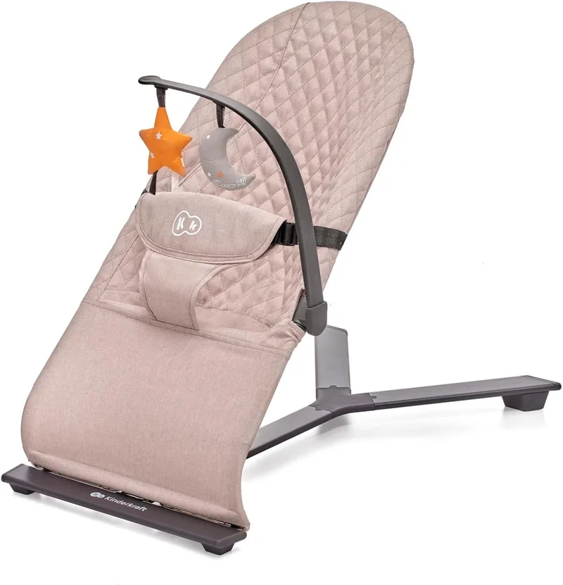 Kinderkraft ▫️ MIMI espreguiçadeira para bebés, Baloiço para bebés 0-9 kg, Dobrável compacto, Reclinável com uma mão, Movimento natural, Arco com brinquedos, Materiais macios, Fácil de limpar, Bege