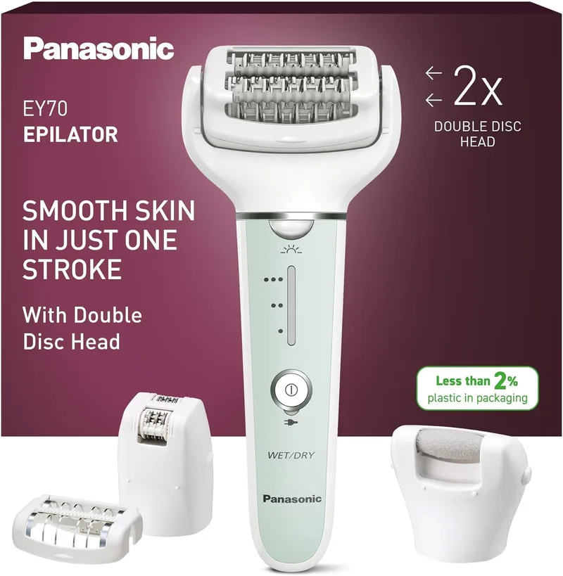 Panasonic ▫️ Depiladora ES-EY70-G503 para uso a seco e molhado, disco duplo com 60 pinças, cabeça flexível com rotação de 90º, 3 configurações de velocidade e luz LED, autonomia de 30 minutos, cabeça para cuidados com os pés