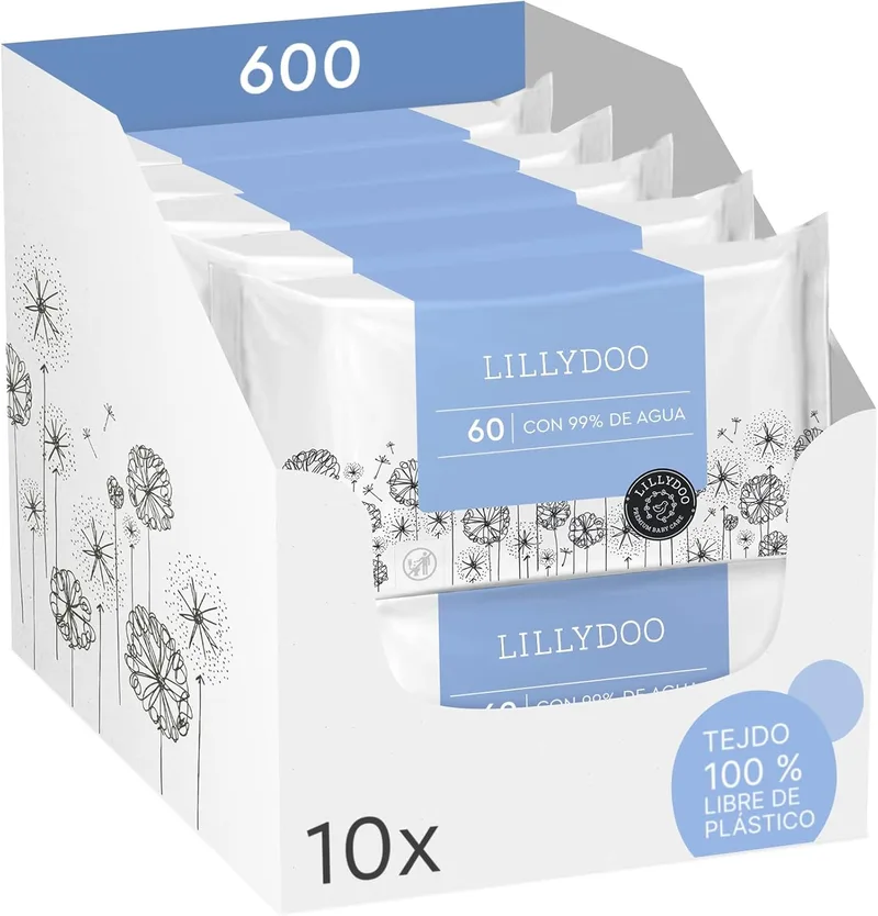 LILLYDOO ▫️ Toalhetes de bebé com 99% de água, 10 embalagens de 60 (600 unidades), 100% sem plástico, sem perfume e tão suaves como o algodão e a água.