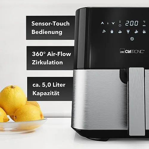 Clatronic ▫️ ® Hot Air Fryer XXL - Fritadeira de 5 L | ar quente para fritar sem gordura | fritadeira em aço inoxidável com ecrã tátil digital | 360° Air-Flow | com 8 programas | FR 3782 H 3