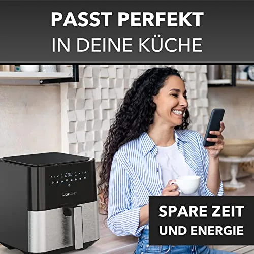 Clatronic ▫️ ® Hot Air Fryer XXL - Fritadeira de 5 L | ar quente para fritar sem gordura | fritadeira em aço inoxidável com ecrã tátil digital | 360° Air-Flow | com 8 programas | FR 3782 H 7