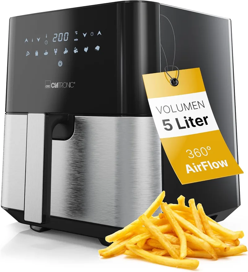Clatronic ▫️ ® Hot Air Fryer XXL - Fritadeira de 5 L | ar quente para fritar sem gordura | fritadeira em aço inoxidável com ecrã tátil digital | 360° Air-Flow | com 8 programas | FR 3782 H