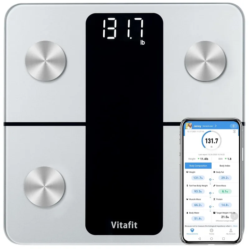 Vitafit ▫️ Balanças de casa de banho alta precisão de 0,05 kg pela nossa fábrica profissional desde 2001, balança inteligente de gordura corporal e músculos App 13 Composição corporal IMC Peso, 180 kg, LED, prata