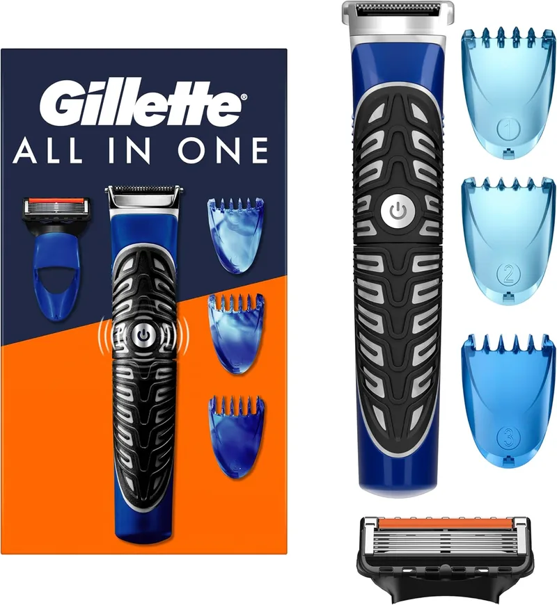Gillette ▫️ Aparador All In 1: Apara, barbeia e contorna com precisão o rosto e o corpo, à prova de água, aparador de pêlos para homem 4 em 1 com 3 pentes e 1 recarga Proglide