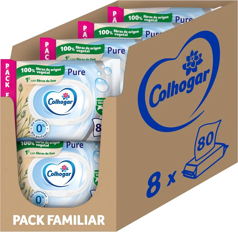 Colhogar ▫️ Pure Moist x640 - Papel higiénico húmido descartável - Sem álcool - Para peles sensíveis - Testado dermatologicamente - Embalagem com 640 toalhitas húmidas e descartáveis para a casa de banho (8x80)