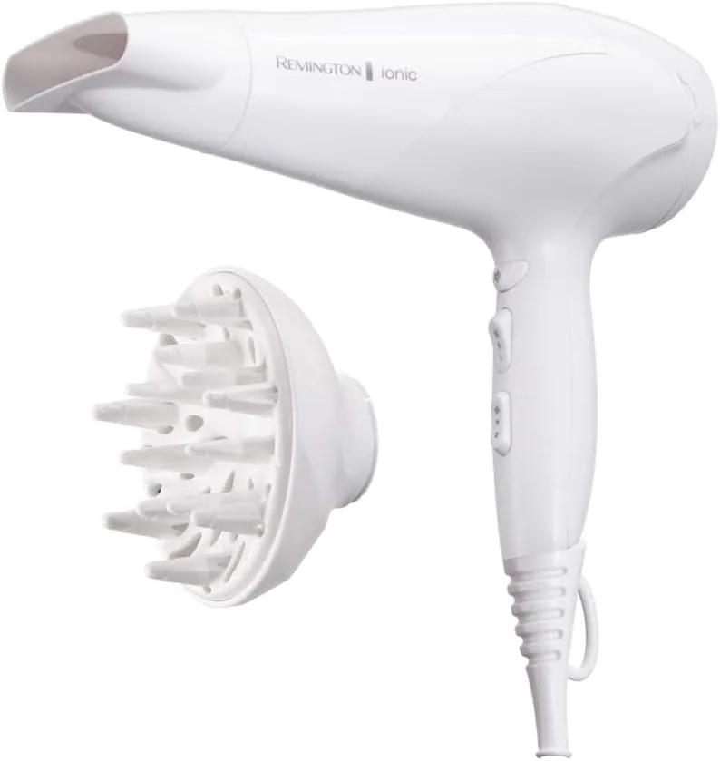 Remington ▫️ Secador de cabelo Ionic Dry 2200, iónico, cabelo sem frizz, 2200 W, concentrador e difusor, 3 temperaturas, 2 velocidades, grelha traseira amovível, gancho, branco, D3199