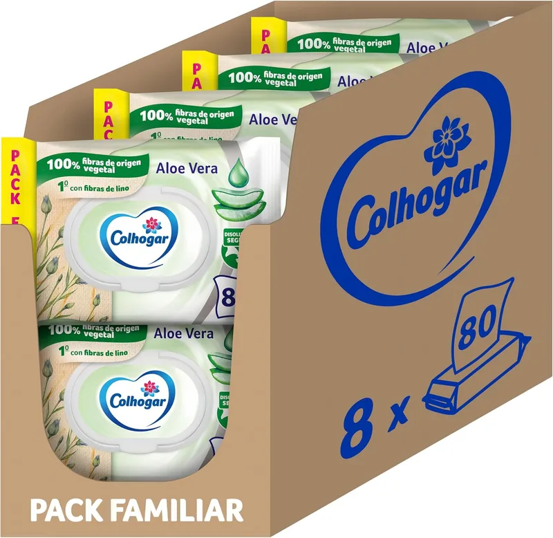Colhogar ▫️ Aloe 8x80 - Papel higiénico húmido descartável no WC com extrato de aloé vera - Sem álcool - Testado dermatologicamente - 640 unidades