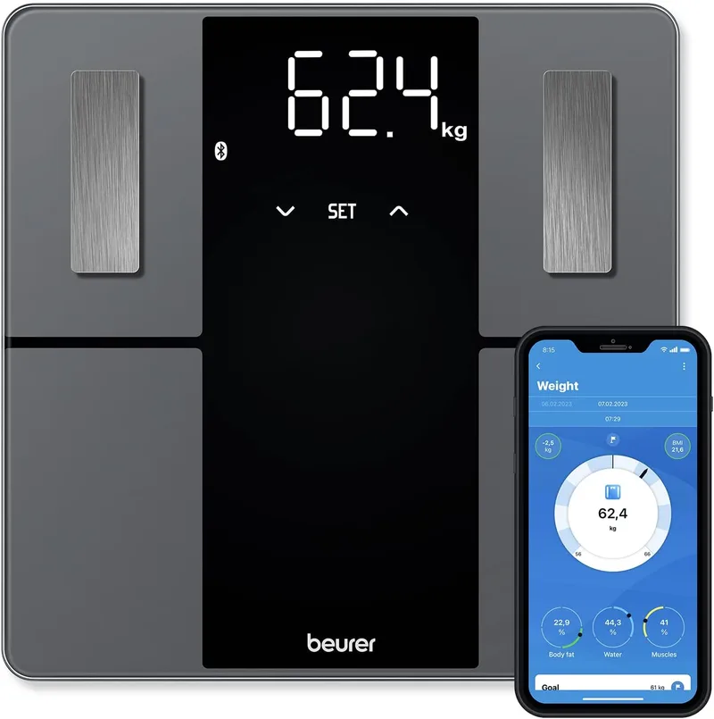 Beurer ▫️ BF 500: balança de casa de banho digital com Bluetooth e aplicação, com medição da gordura corporal, percentagem de massa muscular, necessidades calóricas, etc. Transferência de dados para o Apple Health e outras aplicações