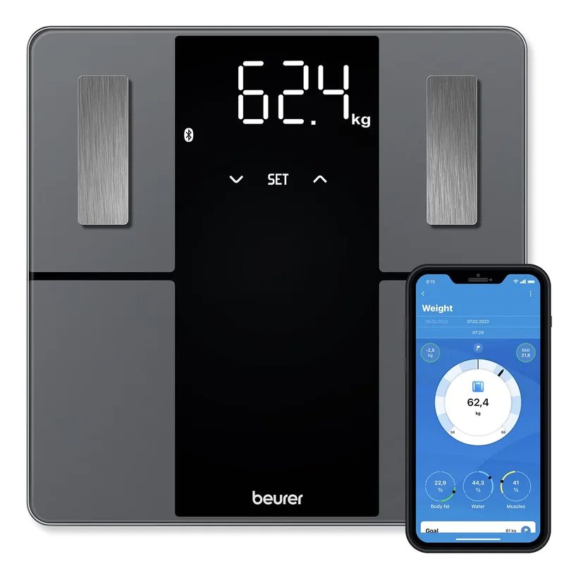 Beurer ▫️ BF 500 – balança de casa de banho digital com Bluetooth e aplicação, com medição da gordura corporal, percentagem de massa muscular, necessidades calóricas, etc. Transferência de dados para o Apple Health e outras aplicações