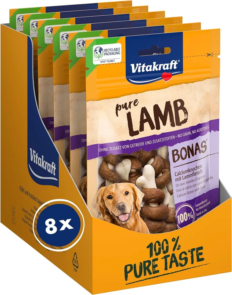 Vitakraft ▫️ Pure Lamb Bonas, guloseimas para cães, ossos de cálcio com carne de borrego, para treino, sem adição de açúcar (8 x 80 g)