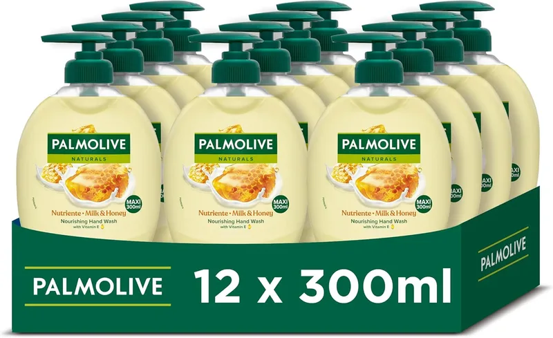 Palmolive ▫️ Naturals Leite e Mel, Sabonete Líquido para as Mãos, Cuida da tua pele com delicadeza, Sem sabão, Ingredientes naturais, Fórmula biodegradável, Testado dermatologicamente, Embalagem de 12 unidades x 300 ml