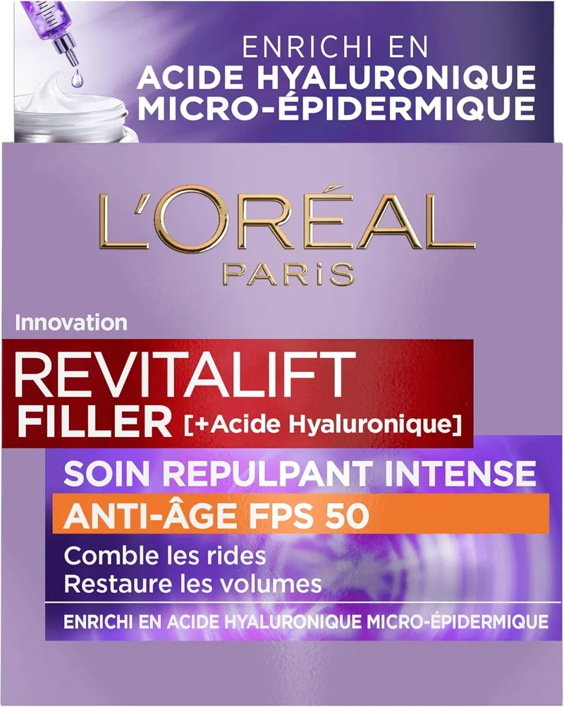 L'Oreal Paris ▫️ L'Oréal Paris – Tratamento antienvelhecimento intenso com efeito repelente FPS 50 – Creme de dia com ácido hialurónico e proteção UV – Rugas e linhas de expressão – Para todos os tipos de pele – Revitalift Filler – 50