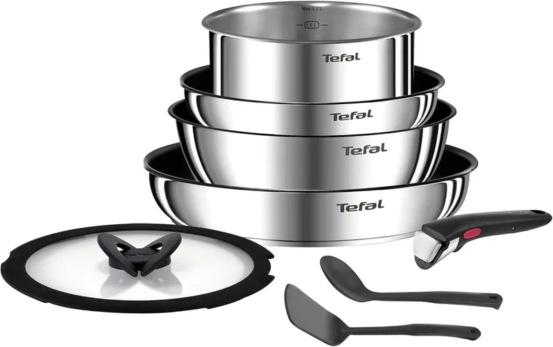 Tefal ▫️ Ingenio Emotion - Conjunto de 5 peças, aço inoxidável | 2 frigideiras de 22/28 cm + panela de 18 cm + panela de cozedura de 24 cm + 4 acessórios, adequado para indução e forno, revestimento antiaderente, Thermo-Signal