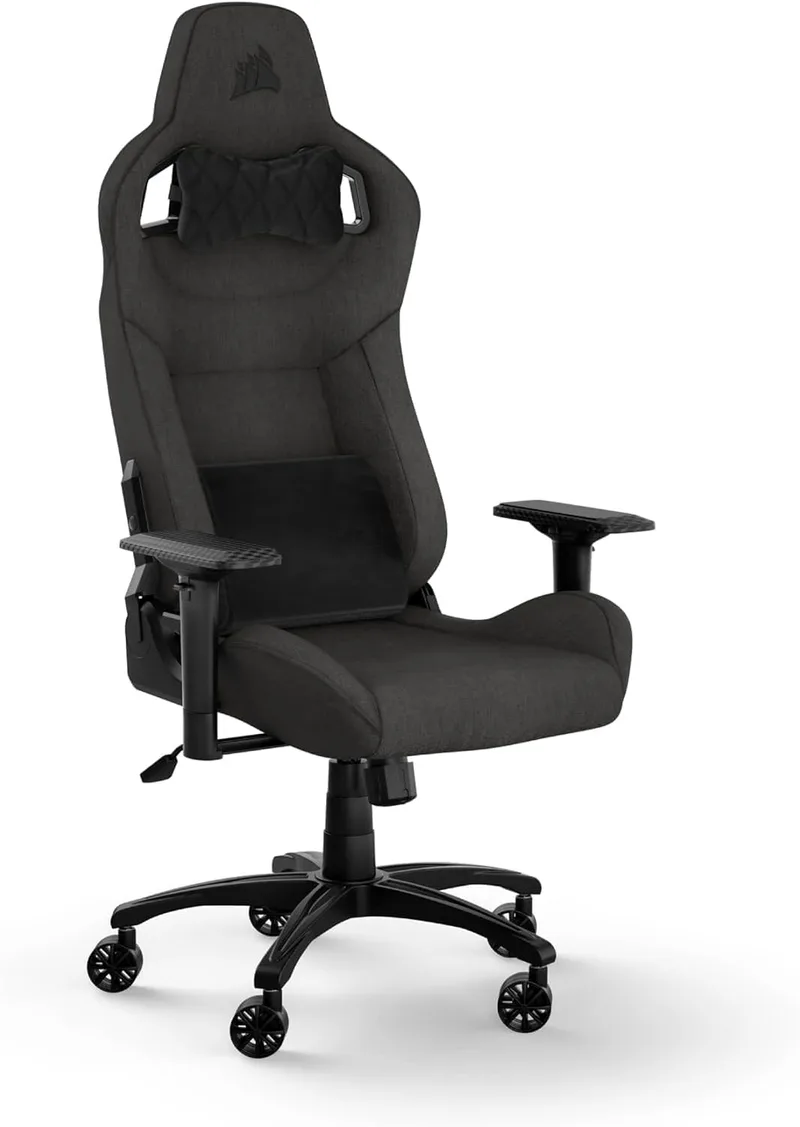 Corsair ▫️ Cadeira de jogos T3 RUSH Fabric (2023) – Design inspirado nas corridas – Exterior em tecido macio – Almofada cervical acolchoada e apoio lombar em espuma viscoelástica – Carvão