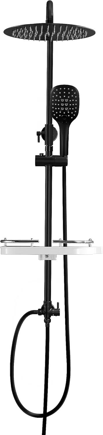 Görbach ▫️ Coluna de duche sem torneira, conjunto de duche com altura ajustável, conjunto de duche em aço inoxidável com chuveiro e cabeça de duche tipo chuva D20 cm, XXL Estana Preto