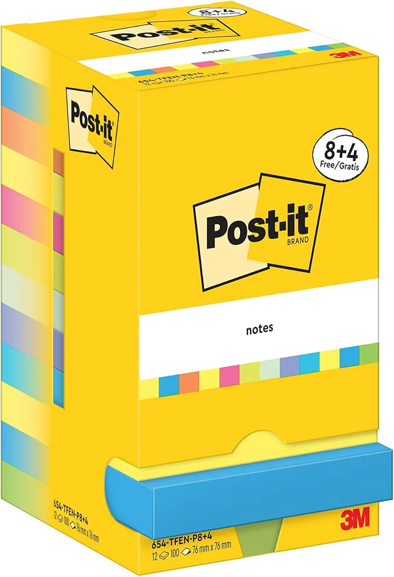 Post-It ▫️ Notes Energetic Colour Collection - Pacote de 8 blocos + 4 grátis, 100 folhas por bloco (76 mm x 76 mm) - Amarelo, azul, rosa e verde - Notas adesivas para listas de tarefas e lembretes