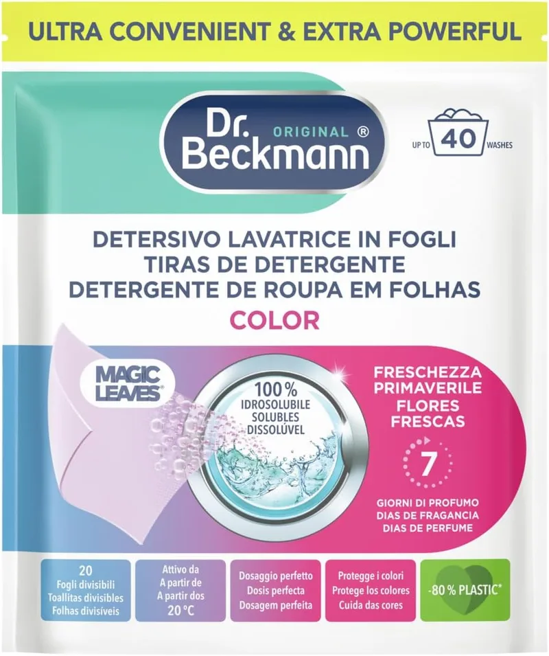 Dr. Beckmann ▫️ MAGIC LEAVES Detergente para máquina de lavar roupa em folhas coloridas | 20 folhas