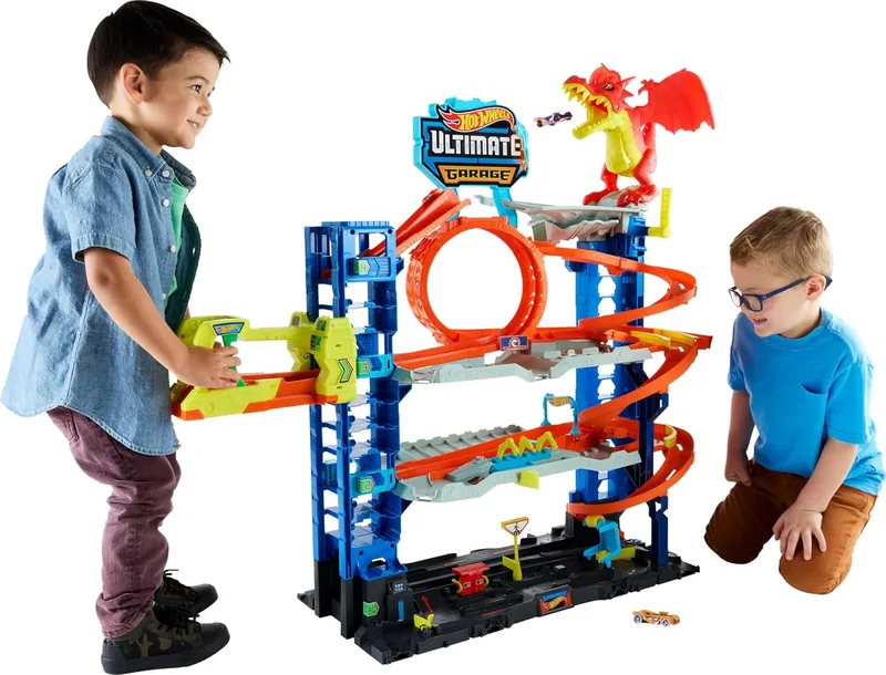 Hot Wheels ▫️ City «Let's Race - Vamos correr!» Netflix - Garagem definitiva com pista para carros de brincar com dragão e 4 níveis, inclui 2 veículos, a partir dos 4 anos (Mattel HKX48)