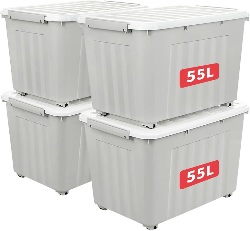Cetomo ▫️ 55 L*4 Caixas de arrumação com tampa, caixas de plástico com rodas, com encaixe, empilháveis, encaixáveis, organizador com ranhuras para escritório em casa, cinzento, 55 L - Conjunto de 4