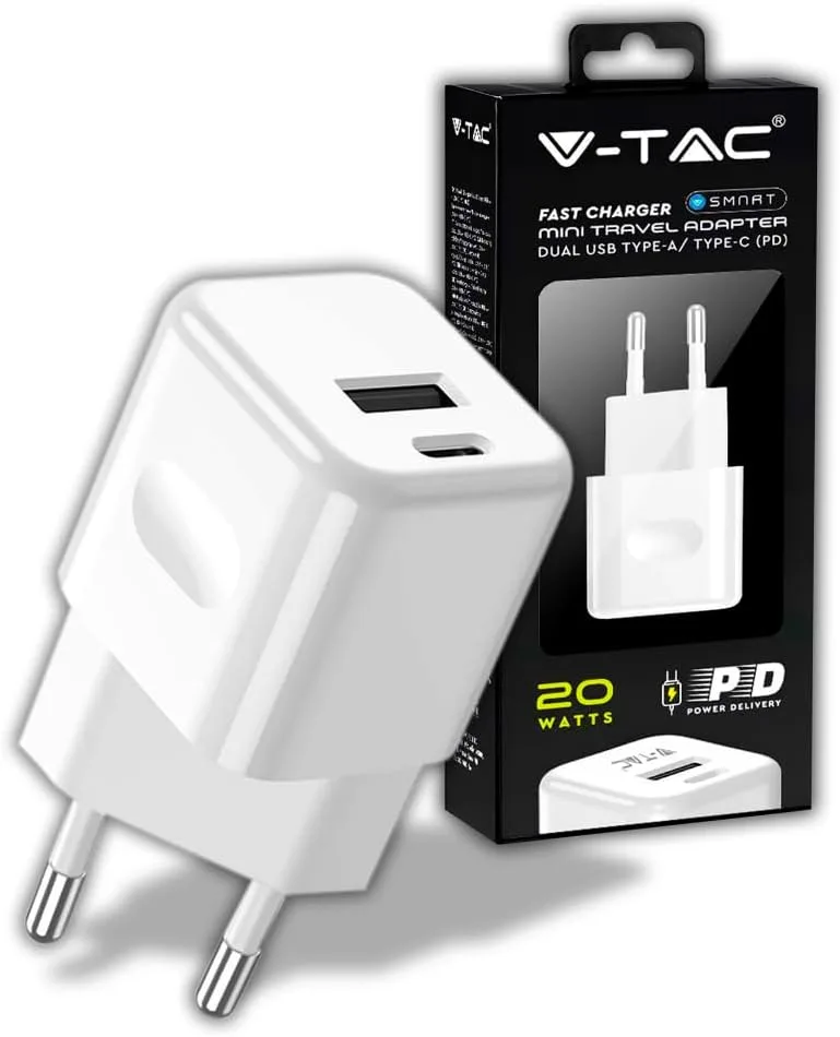 V-TAC ▫️ Carregador rápido de 20 W com USB-C para iPhone e Samsung - Mini carregador ultrarrápido para smartphone - Duas portas USB Type-C e USB-A para iPhone 11/12/13/14/Pro/MAX e S21/S22