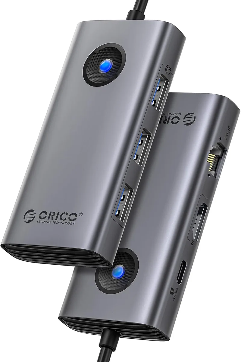 ORICO ▫️ Estação de ancoragem hub USB C 6 EM 1 com HDMI 4K@30Hz + PD100W + 3 portas USB 3.0+Ethernet, adaptador multiporta USB 3.0 compatível com MacBook/DELL/HP/Surface