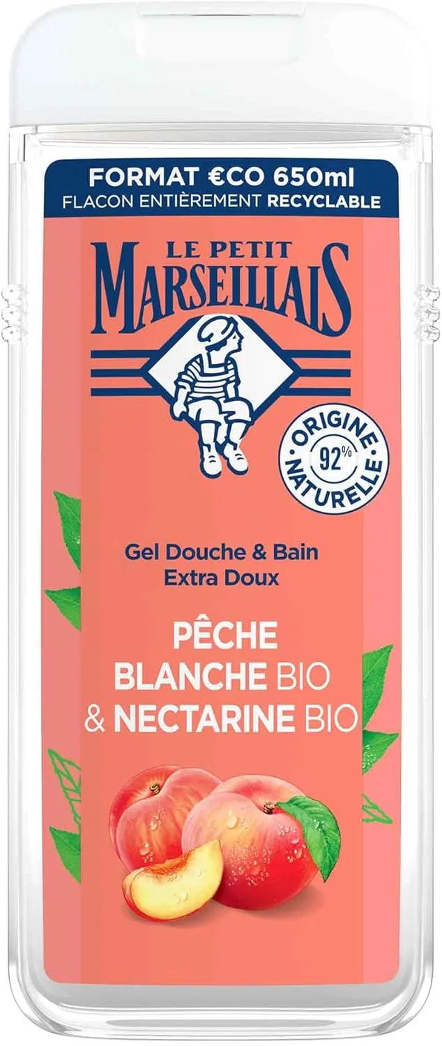 Le Petit Marseillais ▫️ Gel de Banho Corporal Extra Suave, Pêssego Branco e Nectarina BIO, Hidrata e Refresca, para Pele Sensível, com Ingredientes Naturais e Embalagem Reciclável e Recarregável, 650 ml