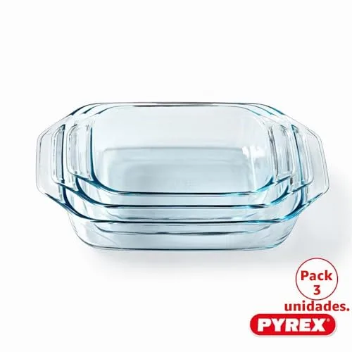 PYREX ▫️ Conjunto de 3 tabuleiros retangulares para forno, para 2 a 6 pessoas, 3 tamanhos, vidro de borossilicato, pegas largas, extrema resistência, adequado para a máquina de lavar louça 2