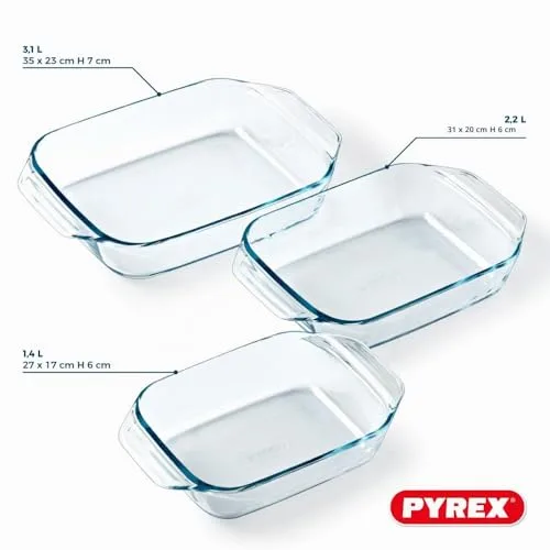 PYREX ▫️ Conjunto de 3 tabuleiros retangulares para forno, para 2 a 6 pessoas, 3 tamanhos, vidro de borossilicato, pegas largas, extrema resistência, adequado para a máquina de lavar louça 4
