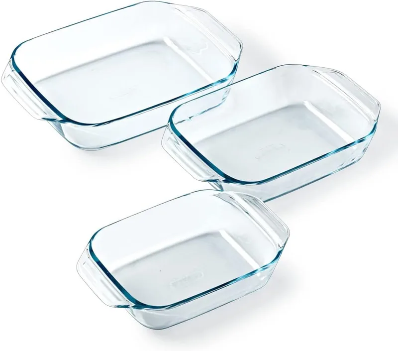 PYREX ▫️ Conjunto de 3 tabuleiros retangulares para forno, para 2 a 6 pessoas, 3 tamanhos, vidro de borossilicato, pegas largas, extrema resistência, adequado para a máquina de lavar louça