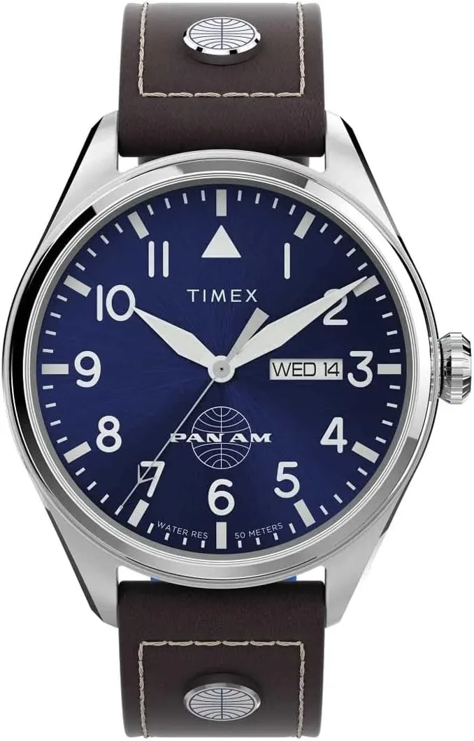 Timex ▫️ Relógio de quartzo para homem com bracelete em pele Pan Am