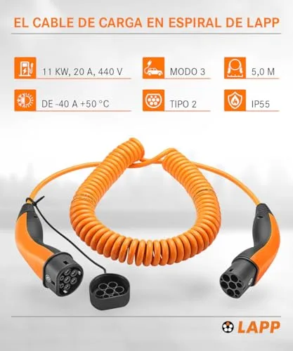 Lapp ▫️ Mobility Cabo de Carregamento para VE Tipo 2 - Cabo em espiral 11 kW, 20 A, trifásico, resistente ao pó e à água (IP55), flexível, compatível com todos os veículos elétricos e híbridos europeus, 5 m, preto 2
