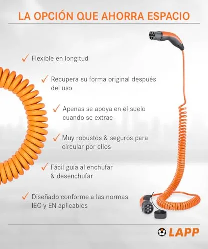 Lapp ▫️ Mobility Cabo de Carregamento para VE Tipo 2 - Cabo em espiral 11 kW, 20 A, trifásico, resistente ao pó e à água (IP55), flexível, compatível com todos os veículos elétricos e híbridos europeus, 5 m, preto 4